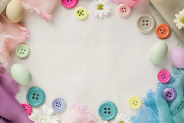 Fototapeta na wymiar Easter Crafting Frame with Pastel Colors. A creative frame made of pastel-colored buttons, Easter eggs, and soft fabric, ideal for spring and Easter-themed projects.