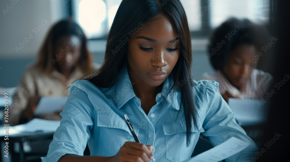 Poster student is writing an exam in a classroom setting.