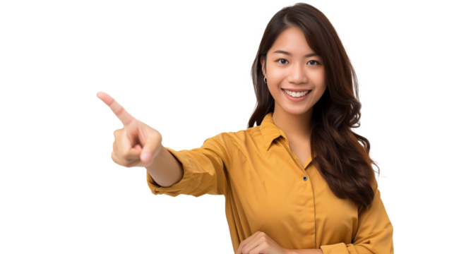 business woman pointing, isolated on transparent background