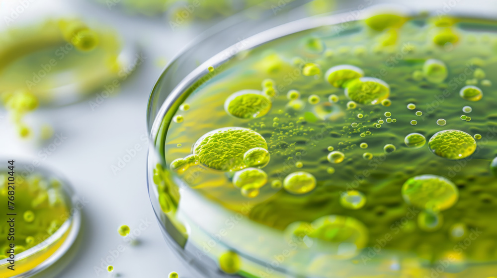 Poster petri dish with clusters of green microalgae under examination in a lab setting.