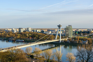 SNP New Bridge through Danube with a steel deck suspended from a single pylon in Bratislava - obrazy, fototapety, plakaty