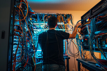 A person standing and organizing cables at a computer workstation.