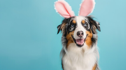 Cachorro fofo com orelhas de coelho isolado no fundo azul