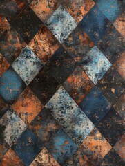 An aged checkerboard pattern in shades of blue and orange creating a grungy backdrop