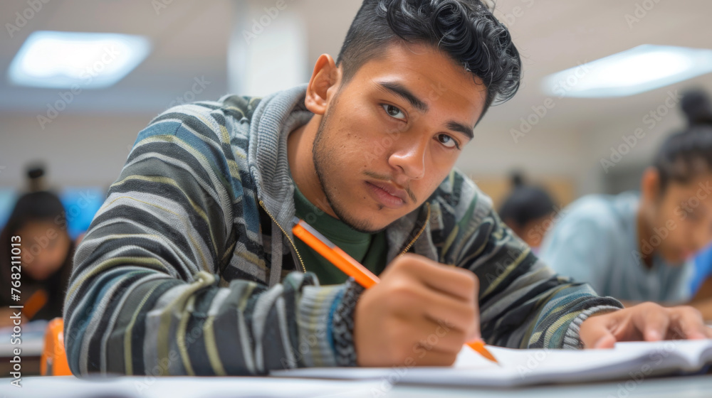 Poster student is writing an exam in a classroom setting.