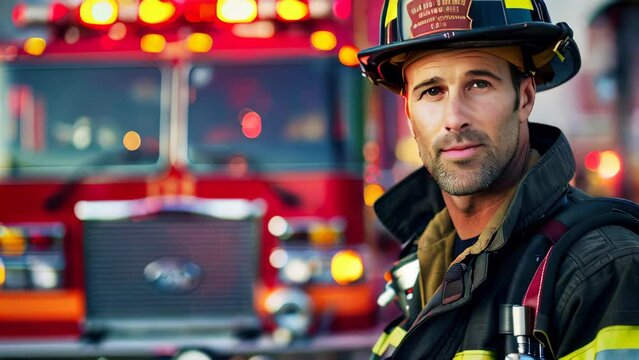 A portrait of a firefighter standing in front of a fire truck