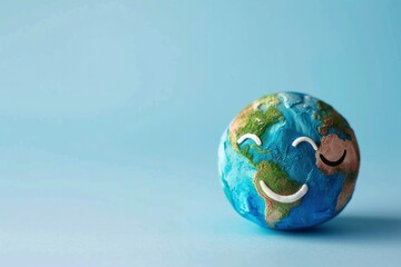 A delightful representation of the Earth with a joyful smile, painted on a round sculpture against a serene blue background.