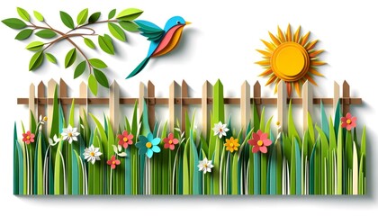 Colorful Paper Art of a Garden Scene with a Bird and Sun