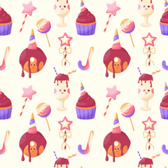 Bright funny sweets vector seamless pattern. Vector illustration
