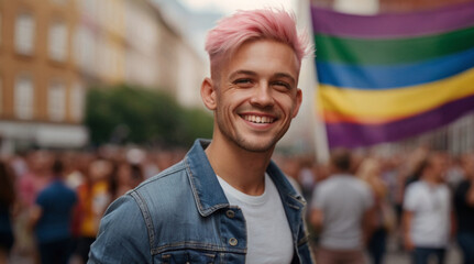 Portrait of young man on the street during pride parade with rainbow LGBT flag in the background