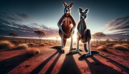 Two kangaroos standing upright in an Australian desert landscape - obrazy, fototapety, plakaty