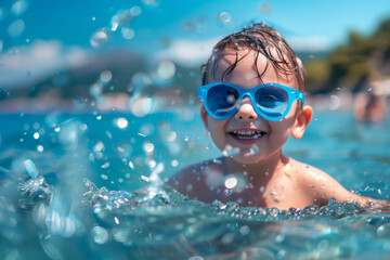 Joyful Summer Splash: A cheerful child plays in the crystal-clear water, radiating happiness
