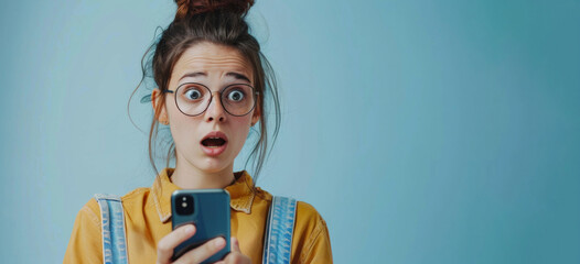 Unexpected Message: A young woman in glasses expresses shock and disbelief while looking at her phone