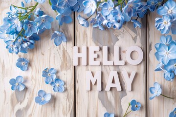 "HELLO MAY" text, spring theme, wooden background with blue flowers Generative AI
