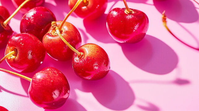 fresh sweet cherries on neon pink background in bright sunlight