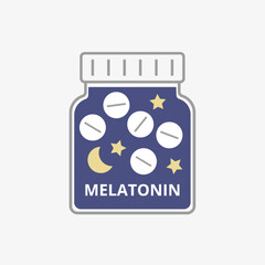 Melatonin Bottle with pills. Capsules for sleep. Insomnia illness. Vector illustration