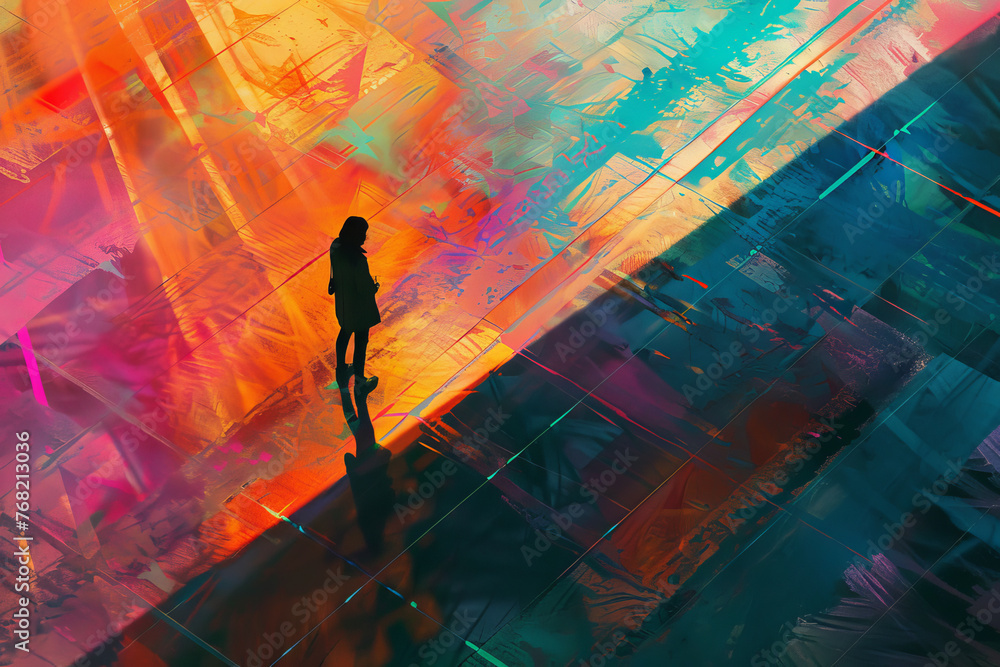 Poster an abstract image of a person standing and calibrating a computer monitor color settings.