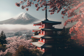 Japan Style Buliding ,mountain and blossoms