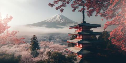 Japan Style Buliding ,mountain and blossoms (2)