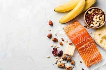 Tryptophan-rich foods on a light background. Copy space