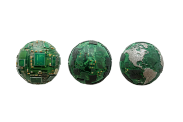 The globe depicted as a computer board, isolated on a transparent background, Generative AI