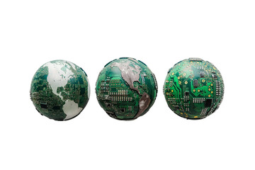The globe depicted as a computer board, isolated on a transparent background, Generative AI