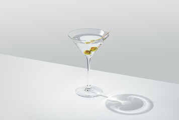 Martini cocktail with olives on white table and white background
