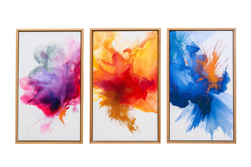 3 Beautiful framed paintings with colorful splashes of paint, isolated on transparent background,...