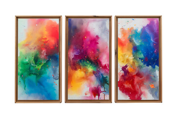 3 Beautiful framed paintings with colorful splashes of paint, isolated on transparent background, Generative AI