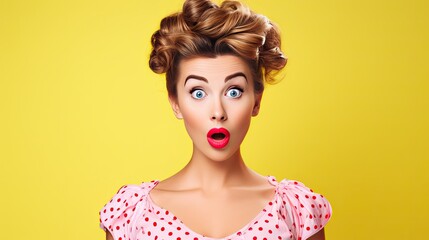 surprised young woman, retro pin up hair style and make up,