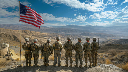 A group of eight U.S army officers facing an empty deserted field next to an American flag