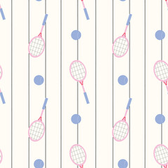 Tennis doodle vector seamless pattern on beige background