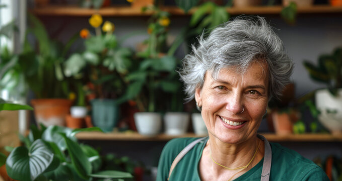 Smiling Mature Woman Florist  In Shop With Plants 