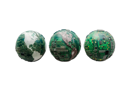 The globe depicted as a computer board, isolated on a transparent background, Generative AI