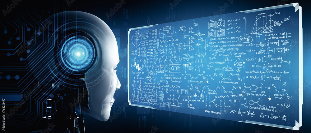 Poster xai 3d illustration humanoid ai robot looking at hologram screen in concept of math calculation and 