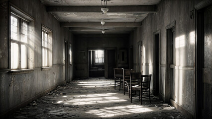A classroom with wooden desks and chairs, sunlight streaming through windows, and a radiator. - obrazy, fototapety, plakaty
