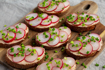 Homemade Lemon Radish Tartine on a wooden board, side view.