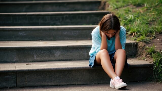 Bullying concept, Depressed girl sitting alone at stairs, Victim of school bullying