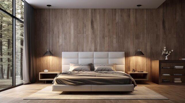 A photo of a bedroom with a wall-mounted headboard.