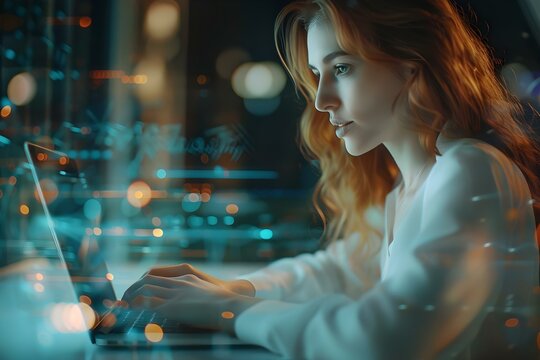 Businesswoman using laptop with virtual screen for process automation in online documentation database management system. Concept Business Processes, Virtual Screens, Online Documentation