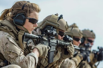 A group of women dressed in military gear and armed with guns stand together, A group of women soldiers in special forces displaying their combat skills, AI Generated