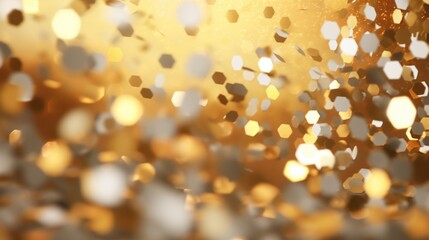 Beautiful soft falling shinny golden and silver confetti on blurred background. Festival and holiday celebration background.