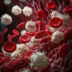 3D close-up of red and white blood cells flowing through a vein, showcasing lifelike detail
