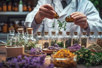 Scientist or doctor making alternative medicine herb in laboratory. - obrazy, fototapety, plakaty
