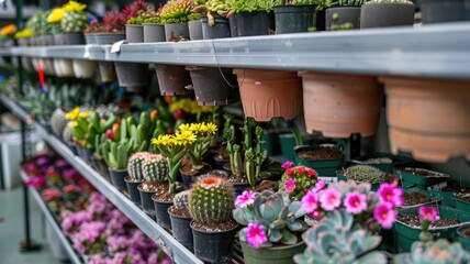 Fototapeta na wymiar colorful flower seedlings and cacti nestled in pots, flourishing on shelves within a modern plantations warehouse, the bustling atmosphere of a garden center or home gardening shop interior.