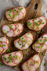 Homemade Lemon Radish Tartine on a wooden board, top view. From above, overhead, flat lay.