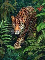 Head of a jaguar among the leaves in the jungle, Panthera onca.