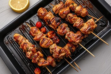 Chicken kebab skewers on a pan