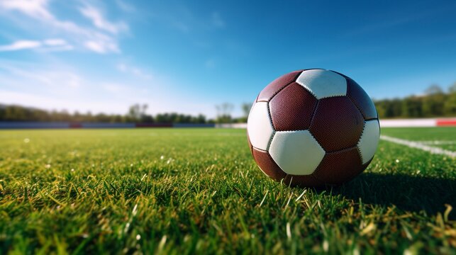A photo of a close-up of a football on a field.