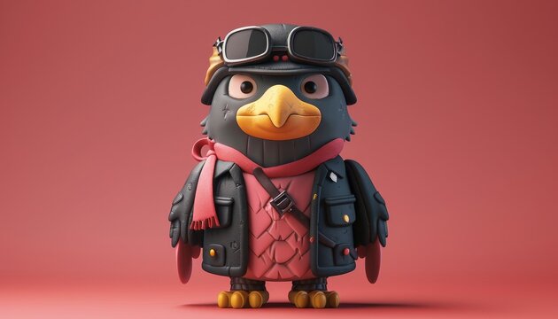 A geek-soldier baby-eagle character, sculpted with a clay texture that whispers tales of youth